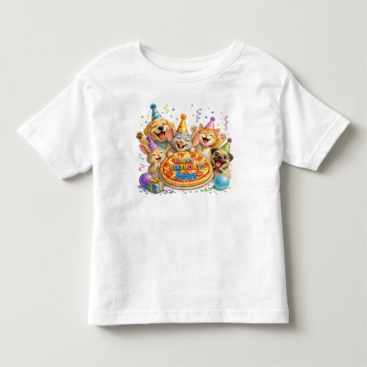 名前入りバースデーピザパーティー動物たち トドラーTシャツ (正面)