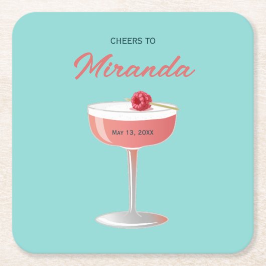 名前入りパーティーの乾杯 , 【名前】のパーソナライズされたパーティーにお祝いの言葉を  スクエアペーパーコースター (正面)