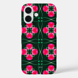 名前入りピンクとグリーンのフローラルiPhoneケース iPhone 16ケース