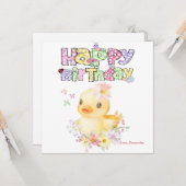 名前入りピンクのゴムのあひるの最初のグリーティングカード カード (正面/裏面インサイチュ)