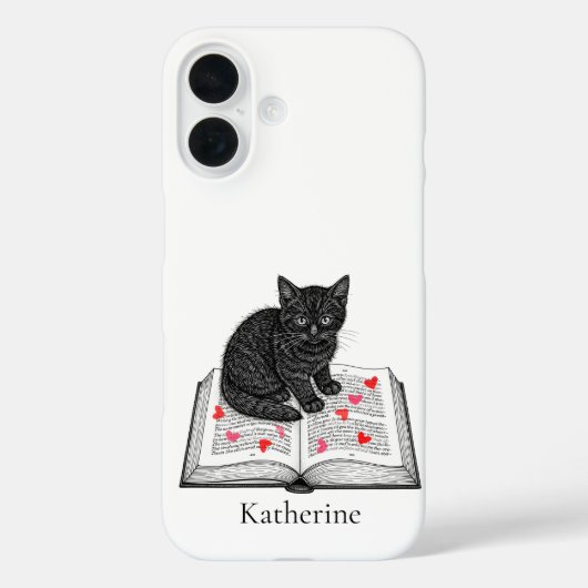 名前入りブック上の可愛い黒子猫 Case-Mate iPhoneケース (裏面)