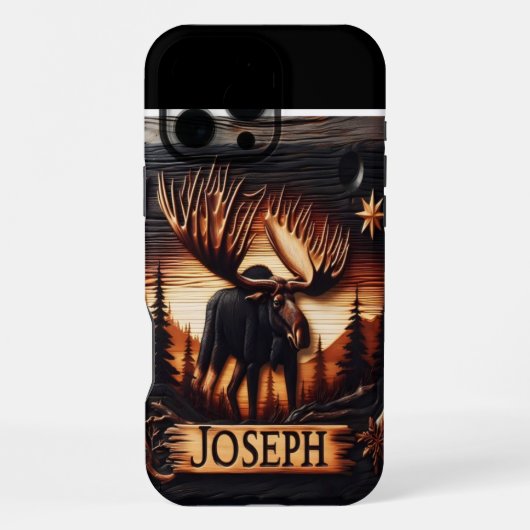 名前入りヘラジカの木彫り iPhoneケース (裏面)