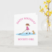 名前入りホッケー少女の漫画 ハッピーバースデー カード (黄色い花)