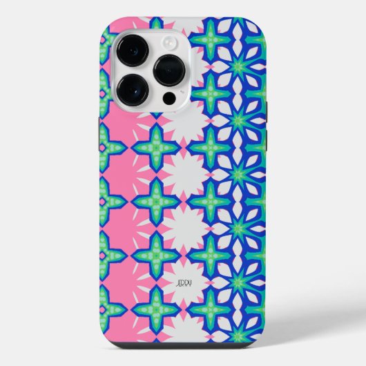 名前入りボールドピンクとブルーの幾何学模様 iPhoneケース (裏面)