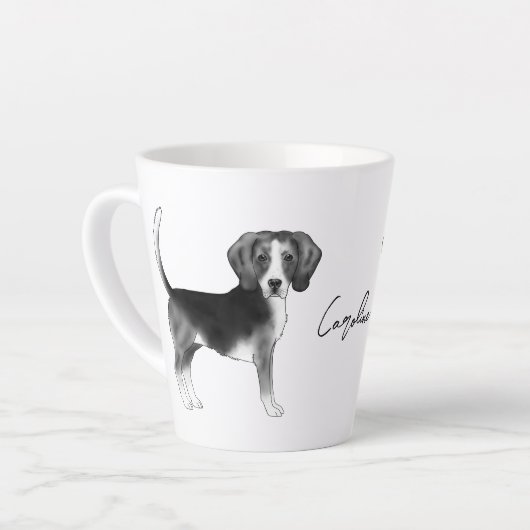名前入りモノクロビーグル犬デザイン カフェラテマグ (左アングル)