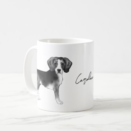 名前入りモノクロビーグル犬デザイン コーヒーマグカップ (正面左)