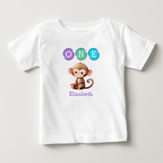 名前入りモンキーの1歳の誕生日パープル ベビーTシャツ (正面)