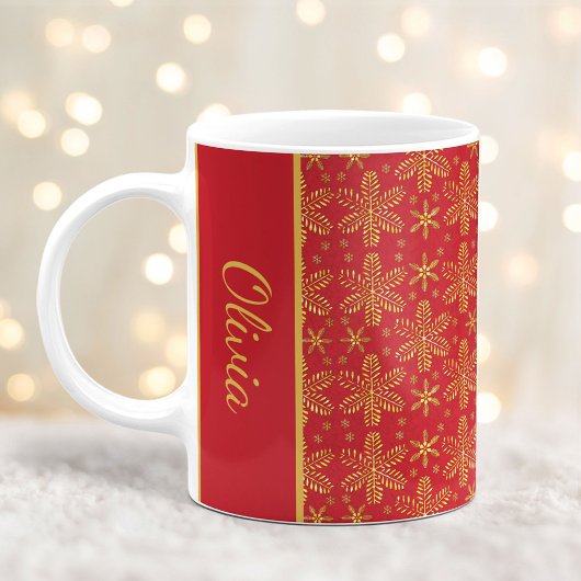 名前入りレッド&ゴールドの雪の結晶クリスマスマグ コーヒーマグカップ