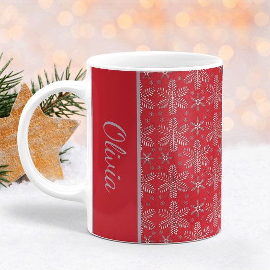 名前入りレッド&シルバー スノーフレーク クリスマスマグ コーヒーマグカップ