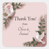名前入り感謝の気持ち、ハト＆白いバラ スクエアシール (正面)