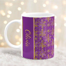 名前入り紫と金の雪の結晶クリスマスマグ コーヒーマグカップ