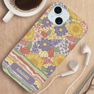 名前入り花柄ストライプの携帯ケース iPhone 15ケース