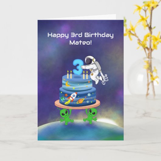 名前入り3歳の誕生日おめでとう宇宙飛行士と宇宙人 カード (黄色い花)