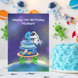 名前入り4歳の誕生日おめでとう宇宙飛行士とケーキ カード