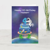 名前入り4歳の誕生日おめでとう宇宙飛行士とケーキ カード (正面)
