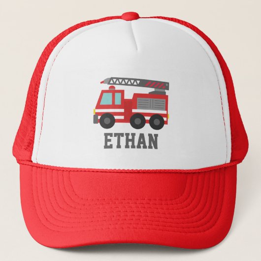 名前入り かわいい赤い消防車 ボーイズギフト キャップ (正面)
