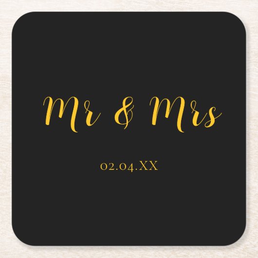 名前入り ブラック イエロー Mr & Mrs スクエアペーパーコースター (正面)