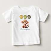 名前入り モンキー 1歳の誕生日 ブルー ベビーTシャツ (正面)