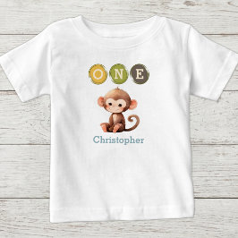 名前入り モンキー 1歳の誕生日 ブルー ベビーTシャツ