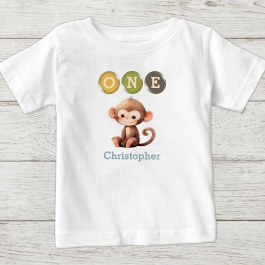 名前入り モンキー 1歳の誕生日 ブルー ベビーTシャツ