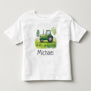 名前入り 緑のトラクター 農場 水彩画 トドラーTシャツ