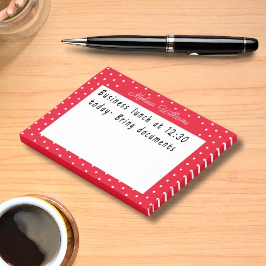 名前入り 赤 白 ポルカドット パターン ポストイット
