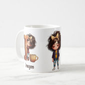 名前入り I 眠い朝のチェック柄 キャラクタ コーヒーマグカップ (正面左)