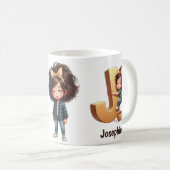 名前入り J 寝坊キャラのモーニングチェック柄 コーヒーマグカップ (正面右)