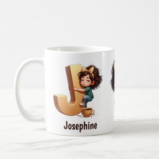 名前入り J 寝坊キャラのモーニングチェック柄 コーヒーマグカップ (左)