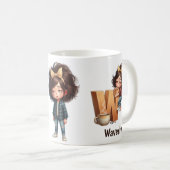 名前入り W 眠い朝のチェック柄 キャラクター コーヒーマグカップ (正面右)