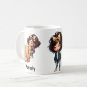 名前入り W 眠い朝のチェック柄 キャラクター コーヒーマグカップ (正面左)