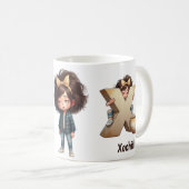 名前入り X 眠い朝のチェック柄 キャラクター コーヒーマグカップ (正面右)