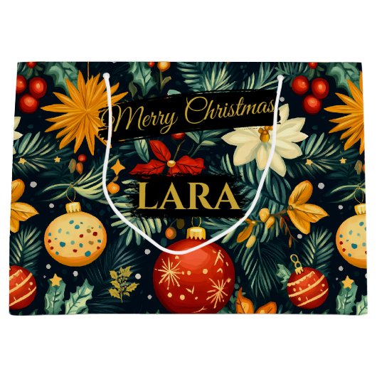 名前入力可能なクリスマスオーナメント飾り ラージペーパーバッグ (正面)