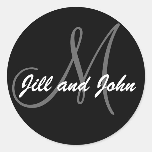 名前及び最初のモノグラムの結婚式のステッカーの黒 ラウンドシール (正面)