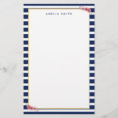 名前名門私立校風のシック青ストライプ色の花 便箋 (正面)