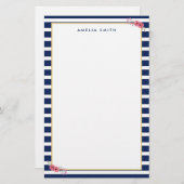 名前名門私立校風のシック青ストライプ色の花 便箋 (正面/裏面)