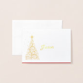 名前座席表金ゴールドフォイルドクリスマスツリー&スターズ 箔カード (封筒付き正面)