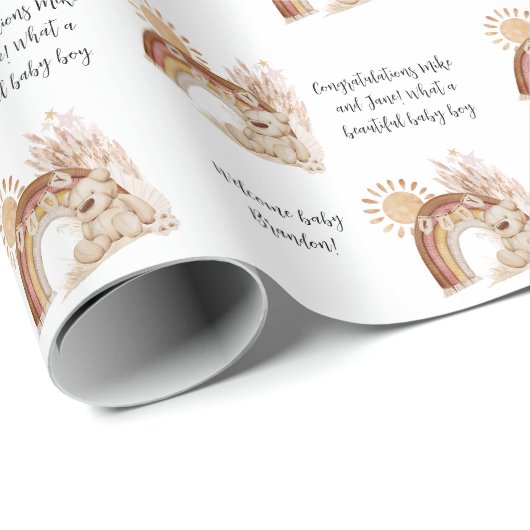 名前文字ボホベアレインボーサンアニマルベビーシャワー ラッピングペーパー (ロールコーナー)