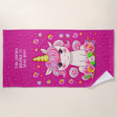 名前文字、ピンクベビーユニコーン&ピンクの星を追加 ビーチタオル (正面)