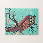 名前文字、フクロウの枝に花とアクアSを追加 ジグソーパズル (横)