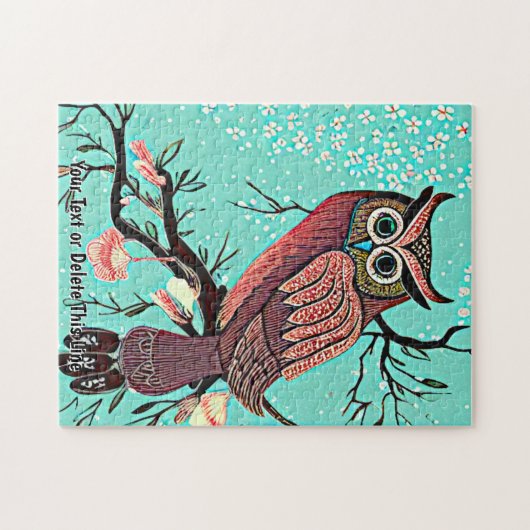 名前文字、フクロウの枝に花とアクアSを追加 ジグソーパズル (横)