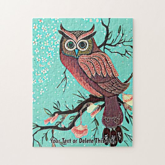 名前文字、フクロウの枝に花とアクアSを追加 ジグソーパズル (縦)