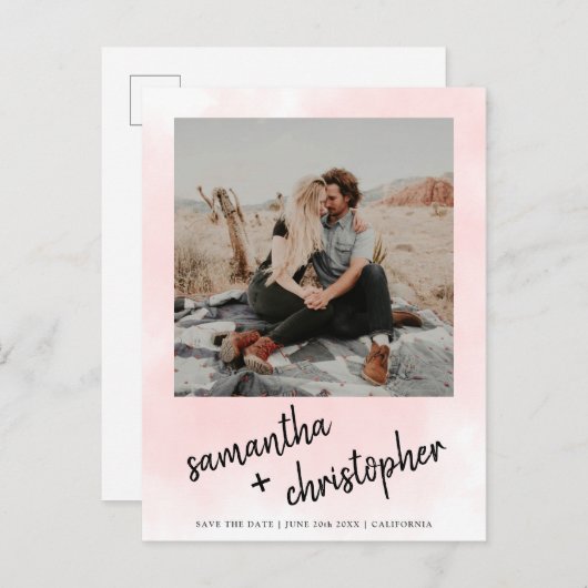 名前日付を保存するタイポグラフィピンクの写真 案内ポストカード (正面/裏面)