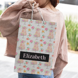 名前水彩層ケーキバラ模様 ミディアムペーパーバッグ