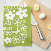 名前熱狂する付き春グリーンのデイジーパターン キッチンタオル (四つ折り)