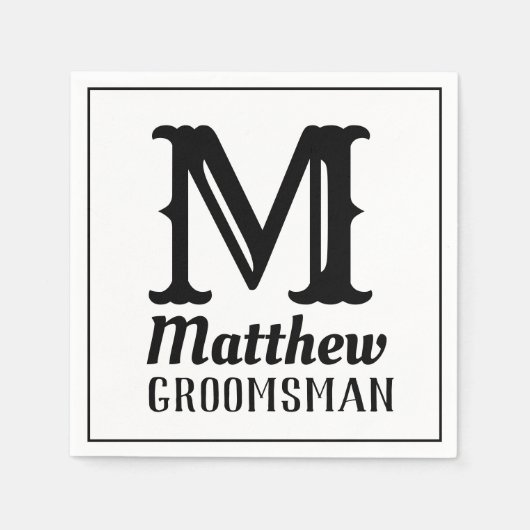 名前男らしモノグラムのクラシック結婚式ブラック スタンダードカクテルナプキン (正面)