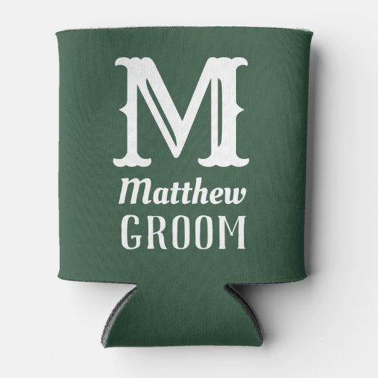 名前男らしモノグラムのグルーム結婚の緑 缶クーラー (正面)