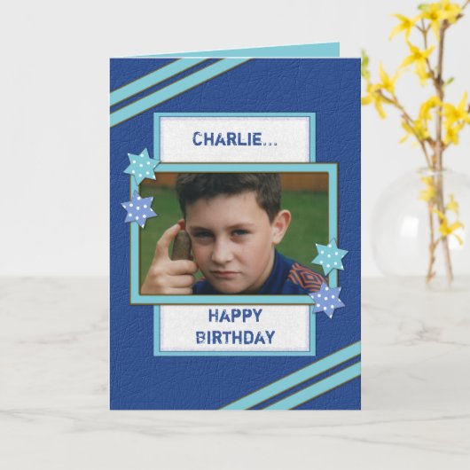 名前男性へとフォトブルーの誕生日 カード (黄色い花)