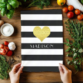 名前白黒金ゴールドハートパターンプリント キッチンタオル