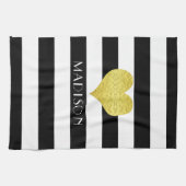 名前白黒金ゴールドハートパターンプリント キッチンタオル (横)